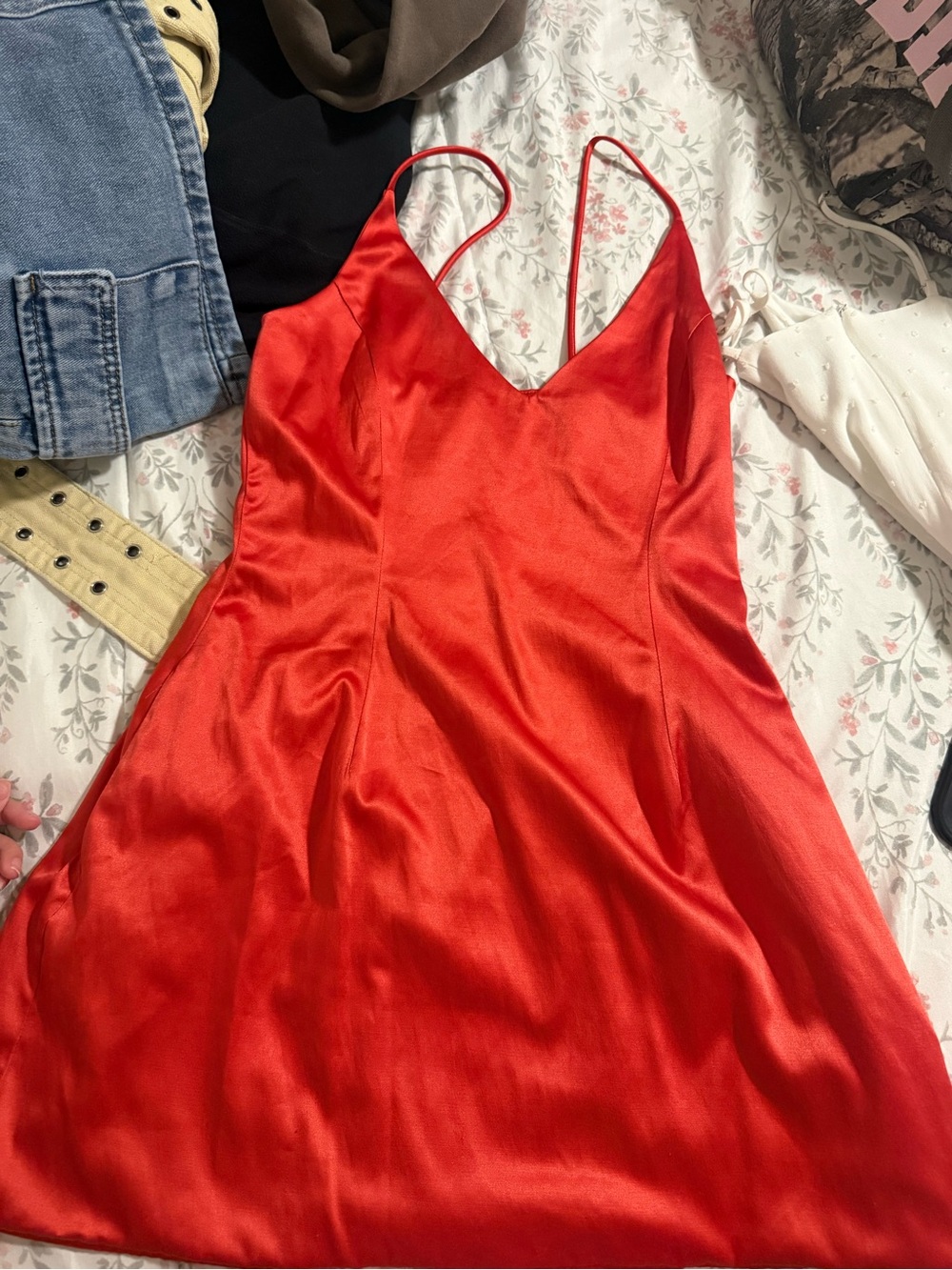 Red Satin Slip Dress with Spaghetti Straps